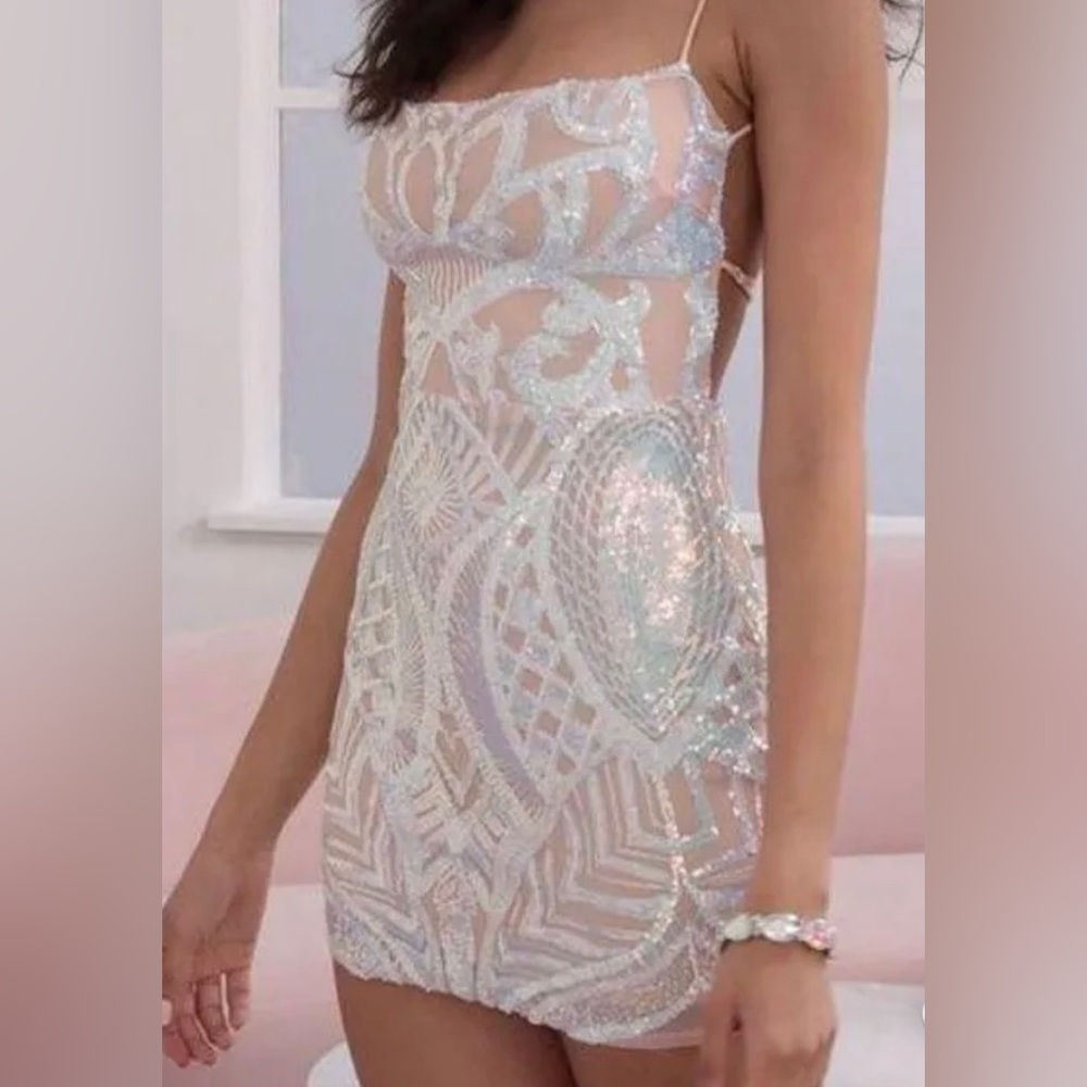 Lucy in the Sky Starstruck Iridescence Mini Dress in Nude